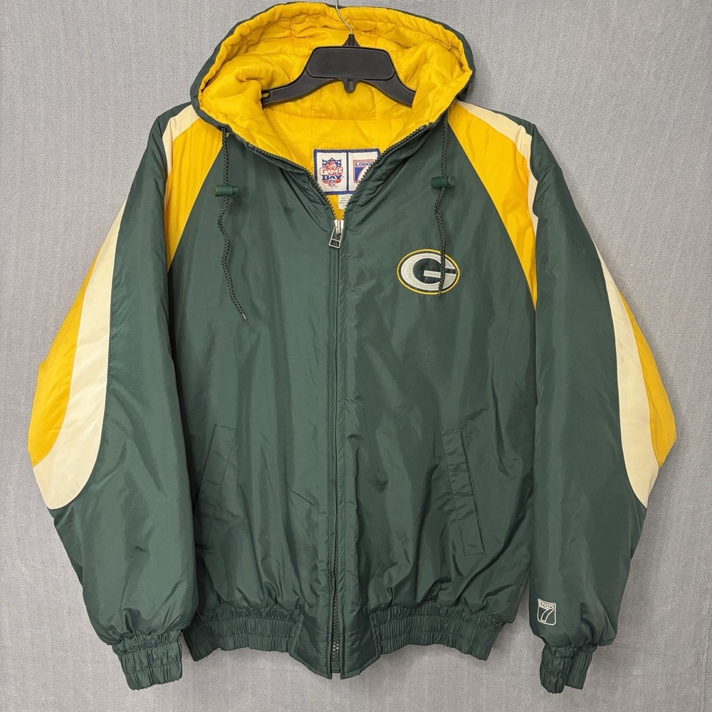 Vintage Green Bay Packers Jacket Mens Large Green White Logo Spellout Hooded NFL